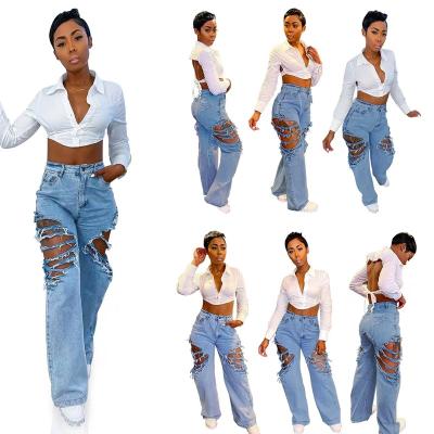 China New Breathable High-Waist Nightclub Women Straight-Leg Slim Fit Pants Drops Latest Fashionable Ripped Casual Loose Jeans Pants For Ladies for sale