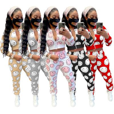 China Fashion QUICK DRY Wholesale Women's Suits Face Sleeve Pants Long White Happy Print Zipper Set Casual Outfits For Women for sale