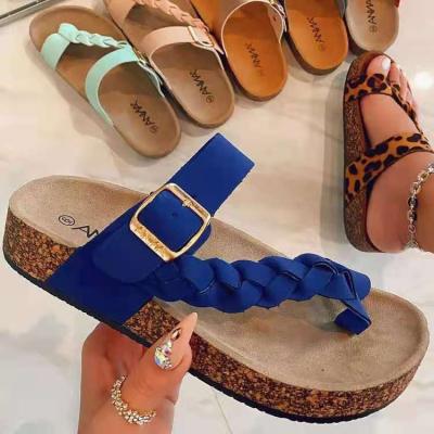 China European size sandals waterproof plus border women 2021 and new American summer solid color cork flat-toed toe slippers wish for sale