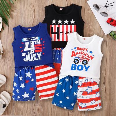 China RTS 2023 Casual 12M-5Y 2 Piece Boys Independence Day Letter And Flag And Truck Print Top And Shorts 2PCS Set for sale