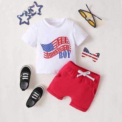 China RTS 2023 Casual 6-24m 2 Piece Boys Independence Day Letter All American Boy And Flag Print Top And Shorts 2PCS Set for sale