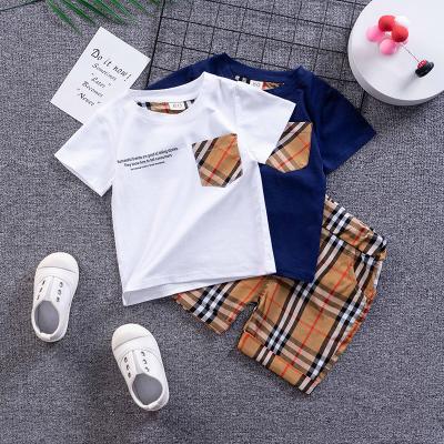 China 2023 6m- 5t Toddler Boys Casual Plaid Color Block Short Sleeve T-shirt and Plaid Shorts Sets for sale