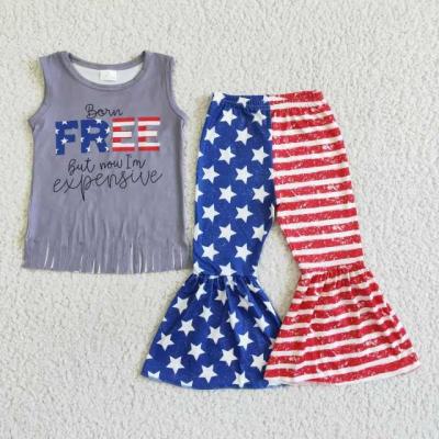 China Other Girls 18M-7Y RTS 2023 Tasseled Vest and Independence Day Prin Fade Flare Pants and Bow Three Piece Set for sale