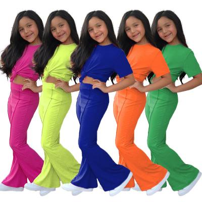 China New Girls Clothes Others RTS 2023 Summer Children's Short Sleeve 2pcs Suit Bell Color T-shirt Orange Bottoms Pants for sale