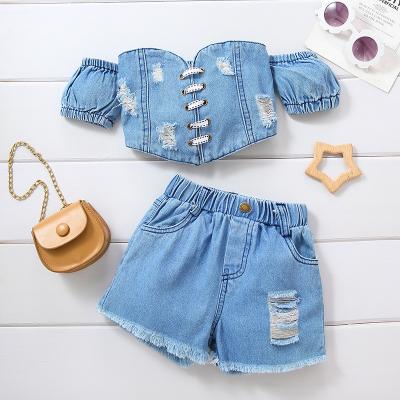 China Other RTS 2023 Hot Sale Wholesale Off The Shoulder Denim Shorts Kids Clothing Sets Summer Girls Clothing Two Piece Sets for sale