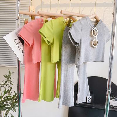 China Other 2023 Summer toddler babies casual clothing sets solid short sleeve tops+flared pants boutique girl's clothing for sale