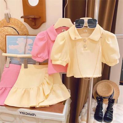 China RTS 2023 Summer Hot Sale Korean Fashion Girl's Other Light Pink Bubble Lapel Short Sleeve Shorts Skirt Two Piece Set for sale