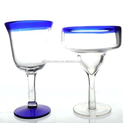 China Eco-friendly Wholesale Traditional Mexican Blue Rimmed Margarita Glass for sale