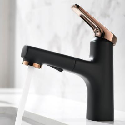 China Modern Bathroom Faucets New Design Metered Pull Out Brass Basin Sink Mixer Tap With 360 Degree Swivel Dual Sprayer for sale