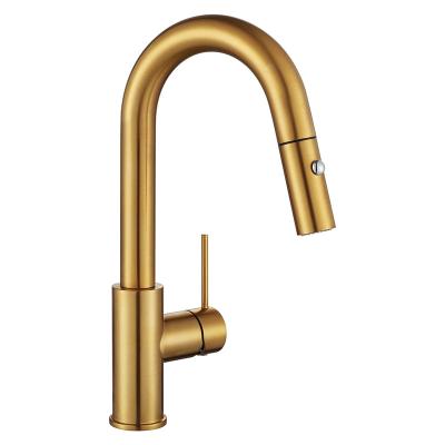 China Thermostatic Faucets Brushed Gold Top Handle Single Arc Brass Kitchen Bar Faucets With Pull Down Sprayer for sale