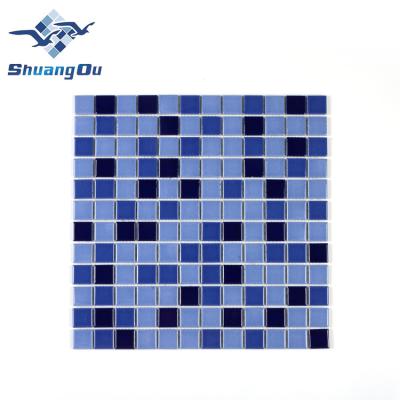 China Bright Blue Pool Mixed Mosaic Parquet Hotel Solid Color Ceramic Tile for sale