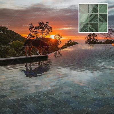 China New parquet design swimming pool dark verdant green mosaic tile for swimming pool shiny green color for bathroom porcelain mosaic tile for sale