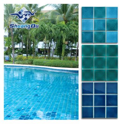 China Modern wholesale price porcelain 100% turquoise and blue 100mm colors pool tiles glaze split design for swimming pools, spa tiles for sale