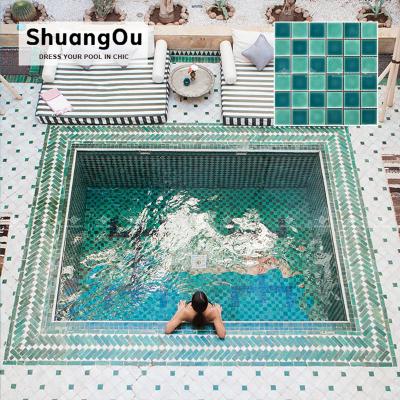 China Factory supply porcelain mosaic tile parquet pool mosaic tile green color for swimming pool tile glossy tile ceramic mosaic for swimming pool for sale