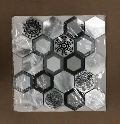 China Metallic Bottom Beveled Glass Parquet Mix Brushed Aluminum Hexagon Metal Mosaic Slabs for sale