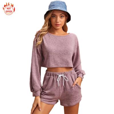 China High Quality Custom Logo Drawstring Polyester Crop Top Anti-Wrinkle Short Pants Cropped Sweatshirts Women's Set Hoodies for sale