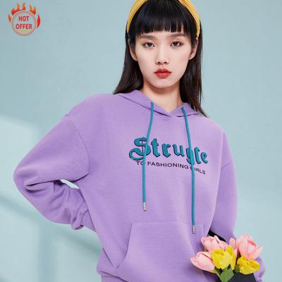 China Autumn Winter Sweatshirts Women's Hoodies Female Purple 50% Anti-wrinkle Cotton 50% Polyester Embroidery Tops Fashion Pullover for sale