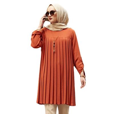 China Anti-Wrinkle Fast Delivery Custom Logo S-5 XL Long Sleeve Around Neck Pleated Comfortable Muslim Loose Blouse New Low MOQ Dress Chiffon Shirt for sale