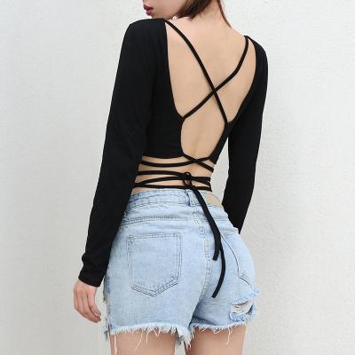 China Black Color Anti-pilling Sleeve Bandage Backless Tie Long Lace Up Sexy Women's Crop Top Long Sleeve for sale