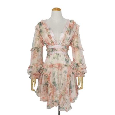 China High Waist V-Neckline Printing Chiffon Fashion Summer Dresses Sexy Women Anti-static Hot Flower Print Chiffon Summer Dresses for sale