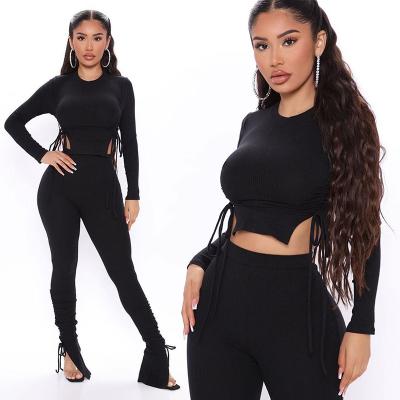 China Autumn Stylish Solid Color Knitted Pullover Fitness Culture Anti-pilling Woman Shirt Crop Top Top 2 Piece Set for sale