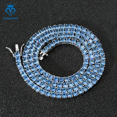 China Hiphop fashion jewelry custom 4mm Ice Rare Blue tennis chain Iced Out  moissanite 925 silver tennis men chain necklace for sale