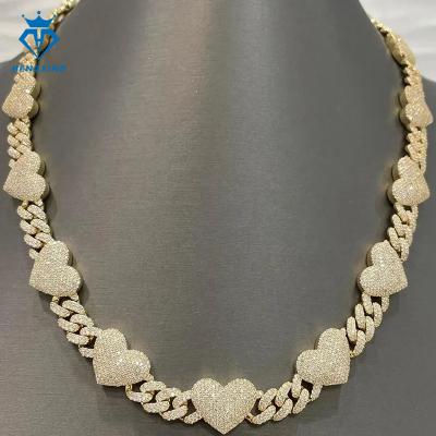 China Hiphop Luxury Jewelry 925 silver gold plated bracelet Necklace VVS Moissanite Heart-Shape miami cuban link chain necklace for sale