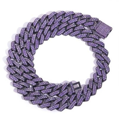 China Hiphop Hip Hop Fashion Jewelry 15MM Maimi Prong Double Row Purple Men Cuban Chain moissanite Necklace Bracelet for sale