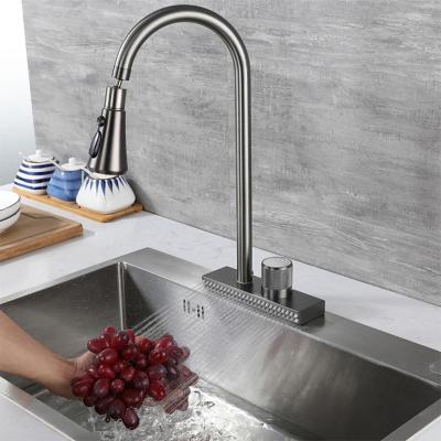 China Other Flying Rain Waterfall Grey Sink Kitchen Faucet Multiple Water Outlets Single Hole Hot Cold Mixer Tap for sale