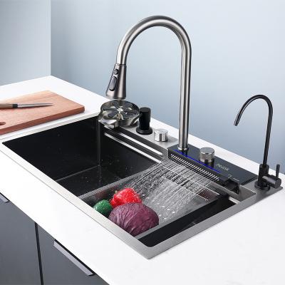 China With Faucet Smart Stainless Steel Nano Step Dark Grey Sink kitchen Temperature Display Piano Key Waterfall Kitchen Sink without electricity for sale