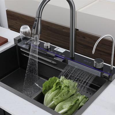 China With Faucet Digital Display Waterfall Kitchen Sink 304 Stainless Steel Large Sink with Soap Dispenser Basin Multifunction Touch Topmount for sale