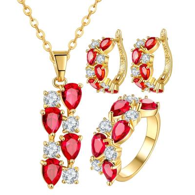 China High Quality Fashion Jewelry Sets Mona Lisa Style Red Color Zircorn Rose Gold Necklace Earring Ring Jewelry Set For Girls Christmas Valentine Gift for sale