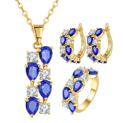 China High Quality Fashion Jewelry Sets Mona Lisa Style Blue Color Zircorn Rose Gold Necklace Earring Ring Jewelry Set For Girls Christmas Valentine Gift for sale