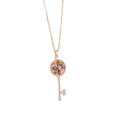 China Trendy Fashion Jewelry Mona Lisa Style Color Zircon Crystal Flower Key Necklace Pendant For Women Girls Christmas Valentine's Day Gift for sale