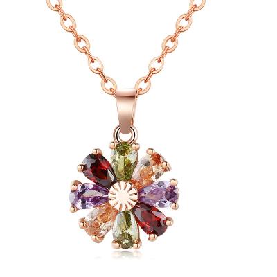 China TRENDY Flower Rose Gold Necklace Pendant Zircon Mona Lisa Style 7 Color For Women Girls Christmas Valentine's Day Gift Fashion Jewelry for sale