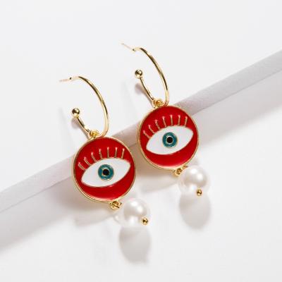 China Nickel New Turkish Drop Earrings Lead Free Lead Free Gold Plated Red Eye Oil Drip Evil Eye Fashion True Pearl Dangle Earrings for sale