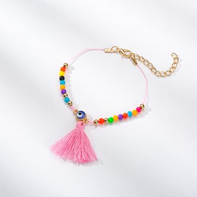 China Hot Sale Boho Lead Free Tassel Colorful Pink Nickel Turkish Eyes Anklet Beaded Evil Eyes Anklet For Summer for sale