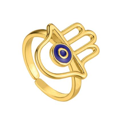 China Lead Free 18k Nickel Free Turkish Lucky Hand Evil Eyes Open Gold Plated Rings Stackable Devil Eye Hamasa Hand Rings For Women for sale