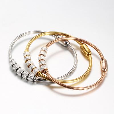 China Stainless Steel Crystal Rhinestone Magnet Simple Design Fashionable Titanium Steel Open Bangle Bracelet for sale