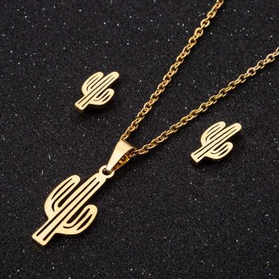 China Trendy New Arrival 14K Gold Plated Cactus Necklace Stainless Steel Cactus Jewelry Set For Women Girls for sale