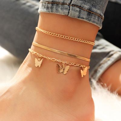 China New Arrival Lead Free Gold Plating Butterfly Free Butterfly 3 Pcs Set Snake Bone Chain Pendant Anklet For Girls for sale