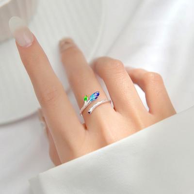 China Nickel Free New Arrival Fashion Vintage S925 Lead Free Silver Leaf Rings Classic Green Leaf Blue Flowers Bud Rings for sale