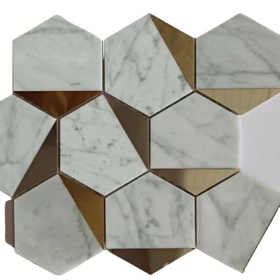 China Parquet Premium Marble And Brass Inlay Mosaic Slab Herringbone Marble 24x24 Slabs for sale