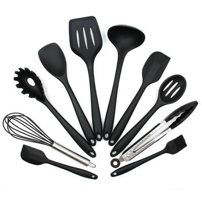 China 10 Pieces Silicone Heat Resistant / Non Scratch Healthy Food Grade Black Utensils Set For Non Stick Cookware for sale