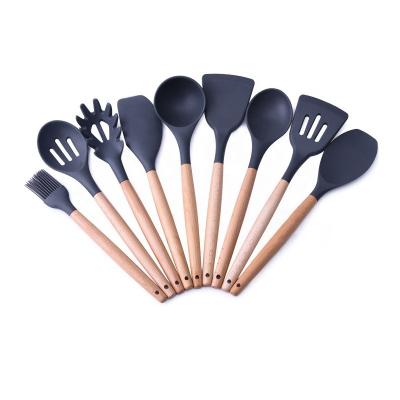 China Heat Resistant / Non Scratch 9 Pieces Silicone Utensils With Beech Wood Handle Kitchen Accessories Tools Baking for sale