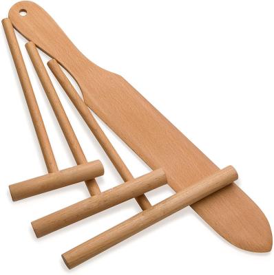 China Sustainable Crepe Maker Accessories Natural Beech Wood 4 Piece T-Shape Crepe Spreader and Spatula Set for sale