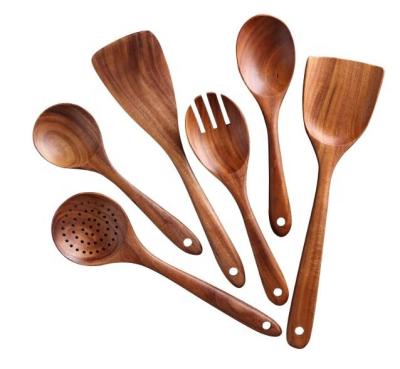 China Sustainable Teak Wood Cooking Wooden Spoon Set Kitchen Accessories Utensil Set for sale