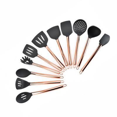 China Sustainable 11 Pieces Silicone Rose Gold Handle Kitchen Utensils Plated Copper Steel Handle Silicone Cooking Tool Kits for sale