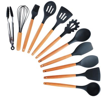 China Sustainable Wooden 11 Piece Handle Silicone Utensils Set For Kitchen Baking for sale