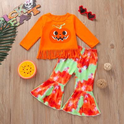 China Americal new design traditional pumpkin cotton kids fashion clothes with tassels dyed tie pants for 1-6T baby girl clothes set for Halloween for sale